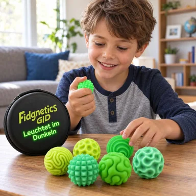 Băiat care folosește bile tactile Fidgetics verzi