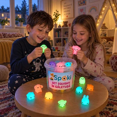 Doi copii se joacă cu un set SpOki de Squishy luminoase