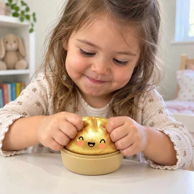 Fată care se joacă cu un Squishy auriu moale