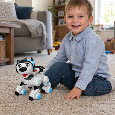 Băiat care se joacă lângă un cățel robot interactiv