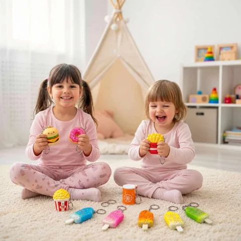 Două fete zâmbitoare se joacă cu o colecție de Squishy colorate