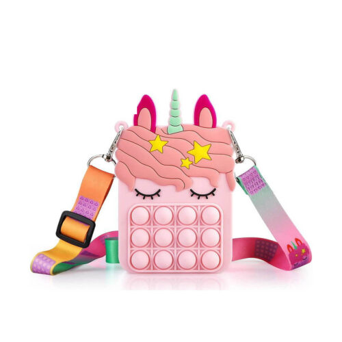 2 genți Pop It unicorn, o singură geantă Pop It roz pal, pătrată, cu chip de unicorn, urechi, corn și curea multicoloră