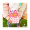 2 genți Pop It unicorn, prim-plan cu geanta pătrată roz cu chip de unicorn, purtată la șold