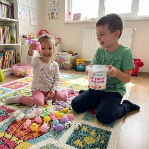 Jucării squishy Doi copii pe covor cu găletușa de jucării squishy, fetița ridicând un iepuraș roz