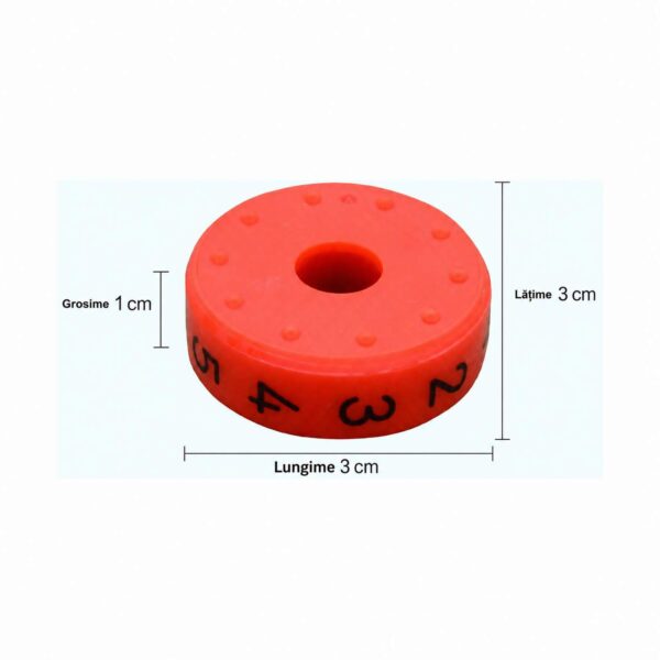 Set de 2 magneți educativi pentru matematică, un singur disc roșu văzut din față, cu măsurile marcate: 3 cm lățime, 3 cm lungime și 1 cm grosime.