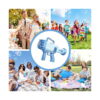 bazooka-pentru-baloane-de-sapun-albastru-utilizare-3 Bazooka pentru baloane de săpun, montaj de catalog cu produsul într-un cerc central și scene de nuntă