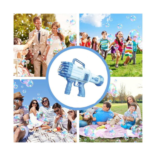 bazooka-pentru-baloane-de-sapun-albastru-utilizare-3 Bazooka pentru baloane de săpun, montaj de catalog cu produsul într-un cerc central și scene de nuntă