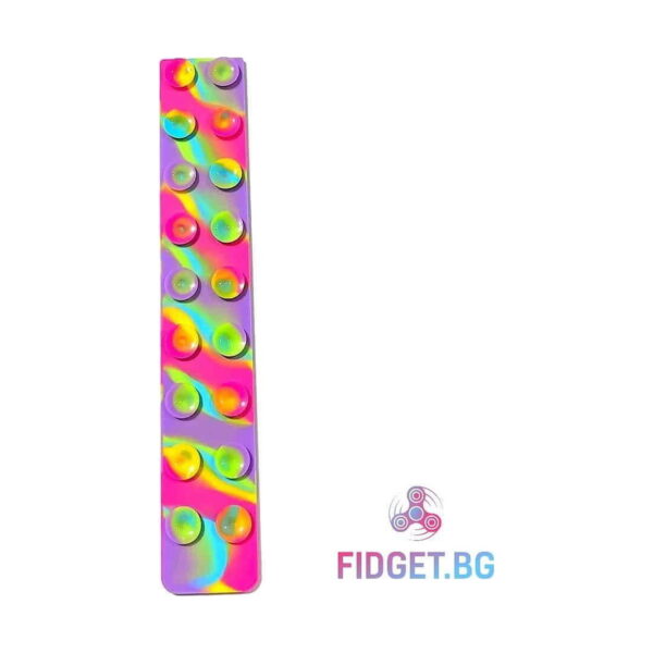 Benzi Fidget Squidopops XL, bandă Fidget verticală marmorată în roz, mov, galben și verde, pe partea cu ventuze