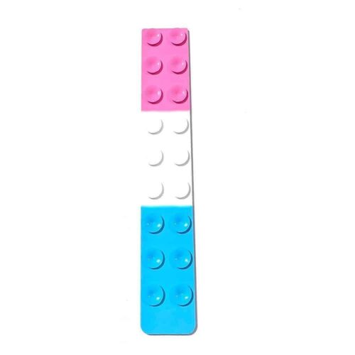 Benzi Fidget Squidopops XL, bandă Fidget verticală din silicon, cu bloc roz sus, alb la mijloc și bleu jos