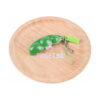 Bob de fasole Fidget, păstaie verde cu breloc, așezată pe o tavă rotundă din lemn