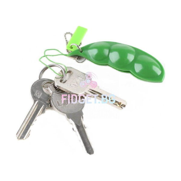 Bob de fasole Fidget, păstaie verde cu etichetă verde deschis și lănțișor metalic, prinsă de un set de chei