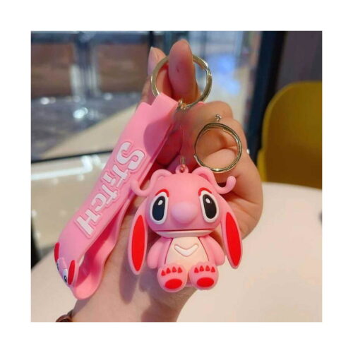 breloc-lilo-stitch-breloc-stitch-roz Breloc Lilo & Stitch, Stitch roz (Angel) ținut în mână, cu curea roz pe care scrie Stitch și inel metalic