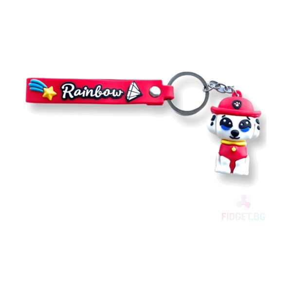 Brelocuri Paw Patrol, cu bandă roșie și figurină de cățeluș dalmațian alb cu cască roșie de pompier