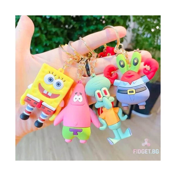 brelocuri-spongebob-2 Brelocuri SpongeBob, o mână ține patru brelocuri: SpongeBob, Patrick, Squidward și Mr. Krabs