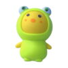broscuta-bebelus-squishy Broscuță bebeluș squishy, cu chip galben într-o glugă verde de broscuță, cu ochi mari pe glugă, pe fundal alb