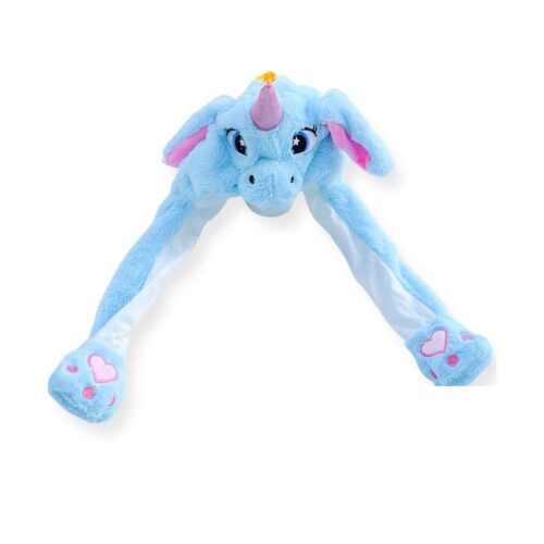 Căciulă de pluș unicorn, albastră, așezată întinsă, cu corn roz cu vârf galben