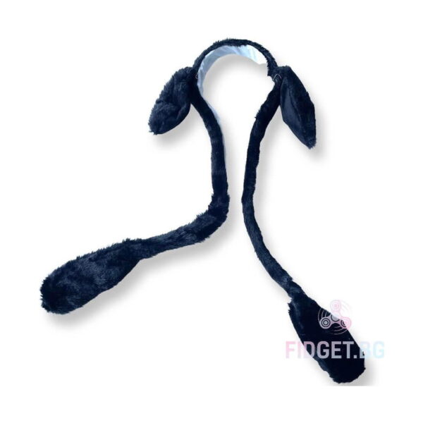 caciula-pufoasa-cu-urechi-mobile-albastra-6 Căciulă pufoasă cu urechi mobile, bentiță pufoasă neagră-bleumarin cu urechi de iepuraș și lăbuțe negre
