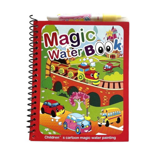 Carte magică de colorat cu apă, cu apă, copertă roșie cu mașinuțe, tren, autobuz și elicopter