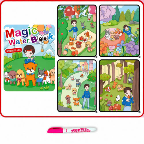 Carte magică de colorat cu apă, cu apă, copertă verde cu un băiat și mai mulți cățeluși