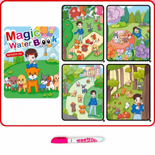 carte-de-colorat-paw-patrol-magica-apa Carte magică de colorat cu apă, cu apă, copertă verde cu un băiat și mai mulți cățeluși