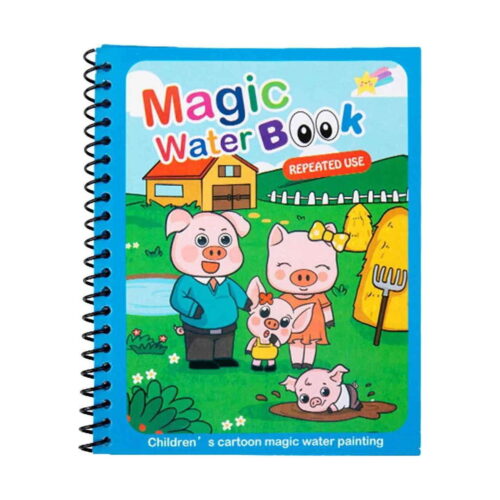 Carte magică de colorat cu apă, cu apă, copertă albastră cu o familie de purceluși desenați la fermă, cu spirală neagră