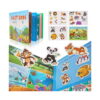 Carte educativă Montessori animale, coperta cărții, coli cu autocolante cu animale și pagini deschise cu habitat terestru