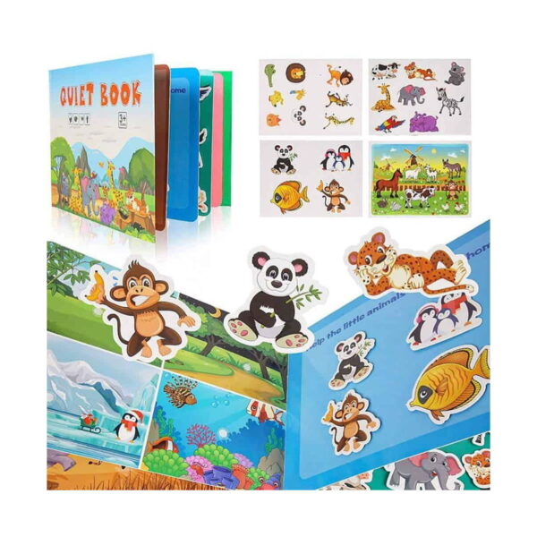 Carte educativă Montessori animale, coperta cărții, coli cu autocolante cu animale și pagini deschise cu habitat terestru