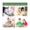 Carte educativă Montessori animale, patru fotografii de utilizare: bebeluș în scaun auto, două fetițe la masă