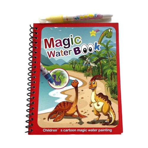 Carte magică de colorat cu apă, cu apă, copertă roșie cu doi dinozauri, cu spirală neagră
