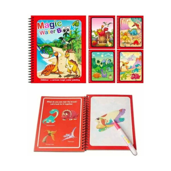 carte-magica-de-colorat-cu-apa-dinozauri-utilizare Carte magică de colorat cu apă, roșie cu dinozauri, patru pagini tematice cu dinozauri și, dedesubt