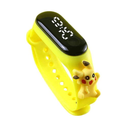 Ceas LED pentru copii Pikachu, cu brățară galbenă din cauciuc, afișaj negru cu cifre albe și figurină Pikachu atașată