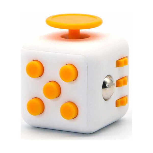 cub-antistres-fidget-alb-si-portocaliu Cub antistres Fidget, alb cu butoane portocalii, joystick portocaliu și o bilă metalică pe una dintre fețe