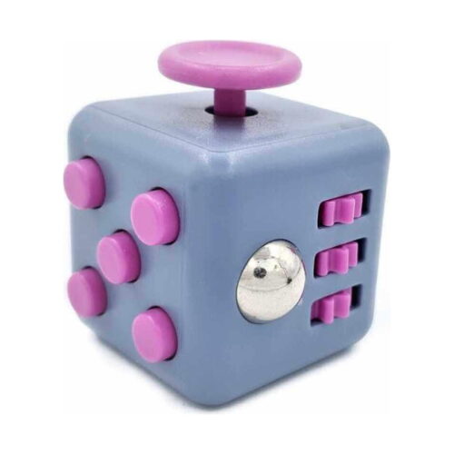 Cub antistres Fidget, gri-albăstrui cu butoane roz, joystick roz și o bilă metalică pe una dintre fețe
