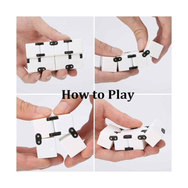 Cub Infinity, grafic How to Play cu patru cadre în care mâini pliază cubul Infinity negru cu alb