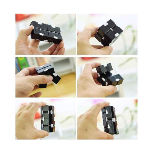 Cub Infinity, colaj din șase cadre cu mâini care pliază un cub Infinity negru cu alb