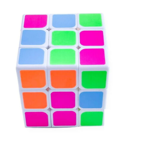 Cub magic curcubeu, 3x3 cu corp alb și fețe neon roz, albastru, verde și portocaliu