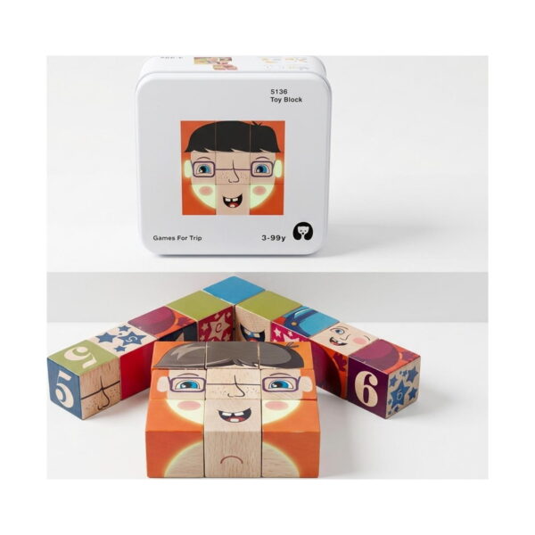 Cuburi Montessori Constructor, cutia metalică 5136 Toy Block în partea de sus și cuburi de lemn aranjate într-un chip