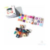 Cuburi Montessori Constructor, cutia metalică, cartonașe cu pătrate colorate, chip și cifre, plus cuburi de lemn cu cifre