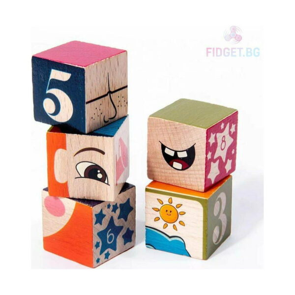 Cuburi Montessori Constructor, prim-plan cu cinci cuburi de lemn stivuite, cu cifrele 5, 8, 3, 6, un ochi