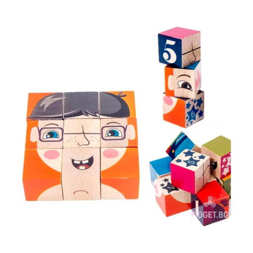 Cuburi Montessori Constructor, chip asamblat din cuburi de lemn (față cu ochelari pe fundal portocaliu) și alte cuburi