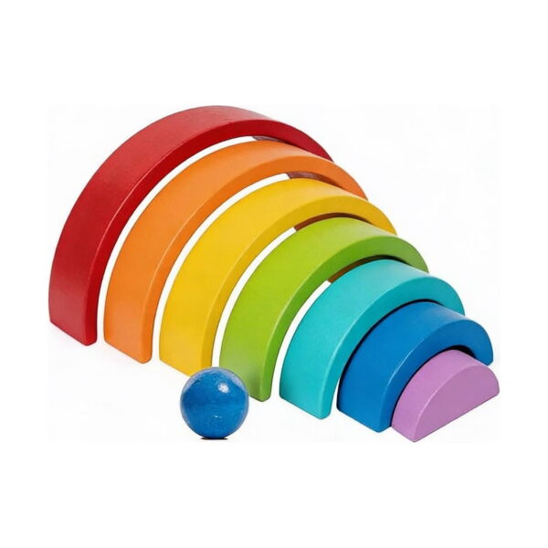 curcubeu-montessori-din-lemn-lateral Curcubeu Montessori din lemn, șapte arcade din lemn colorate, dispuse decalat și oblic, cu o bilă albastră în față