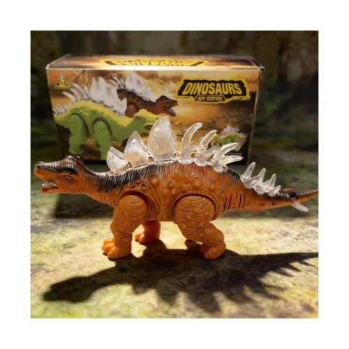 Dinozaur interactiv luminos Dino, tip stegozaur portocaliu-maro cu plăci dorsale translucide, fotografiat în iarbă