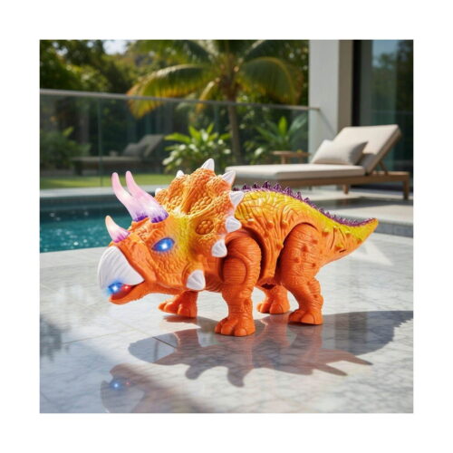Dinozaur interactiv luminos Rekto, jucărie tip triceratops portocaliu cu galben, cu ochi luminoși albaștri