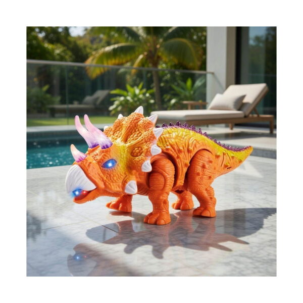 dinozaur-interactiv-luminos-rekto-maro Dinozaur interactiv luminos Rekto, jucărie tip triceratops portocaliu cu galben, cu ochi luminoși albaștri