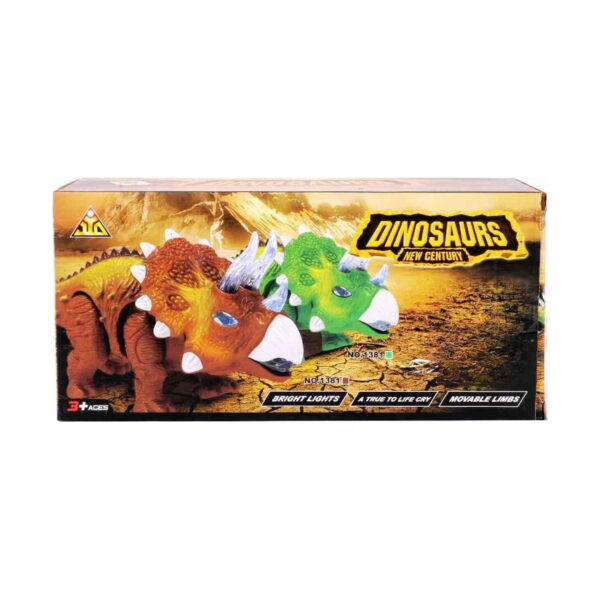 dinozaur-interactiv-luminos-rekto-maro-ambalaj Dinozaur interactiv luminos Rekto, cutia produsului, cu inscripția DINOSAURS NEW CENTURY și doi triceratopși desenați
