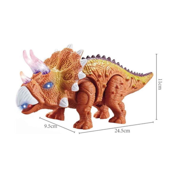 dinozaur-interactiv-luminos-rekto-maro-dimensiuni Dinozaur interactiv luminos Rekto, triceratops portocaliu-maroniu cu cote de dimensiuni marcate: 24,5 cm lungime