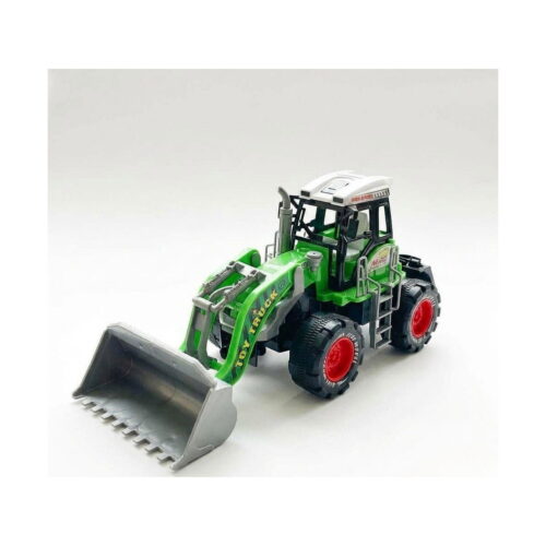 Excavator de jucărie, tractor de jucărie verde cu încărcător frontal gri, jante roșii și anvelope negre, pe fundal alb
