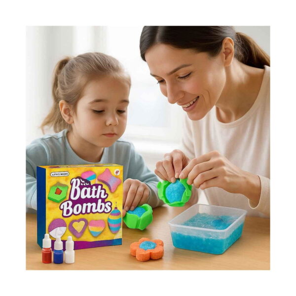 experimente-stem-3-in-1-3 Experimente STEM, o femeie și o fetiță la masă preparând bombe de baie, cu cutia Bath Bombs