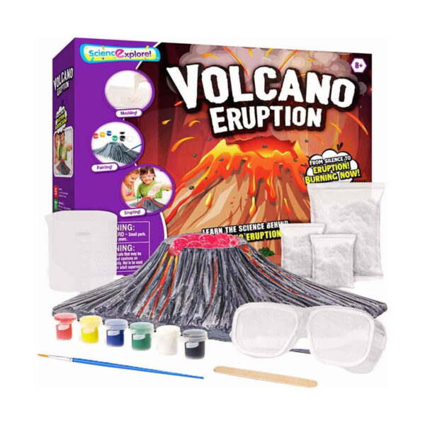 experimente-stem-3-in-1-ambalaj-continut Experimente STEM, cutia Volcano Eruption, vulcanul construit, vopsele, ochelari de protecție, pensulă și pungi cu pulbere