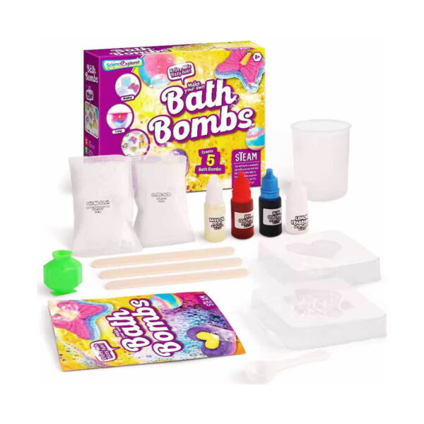 experimente-stem-3-in-1-continut-2 Experimente STEM, conținutul kitului Bath Bombs: cutie, pungi cu pulbere, flacoane de colorant, forme, pahar și ustensile
